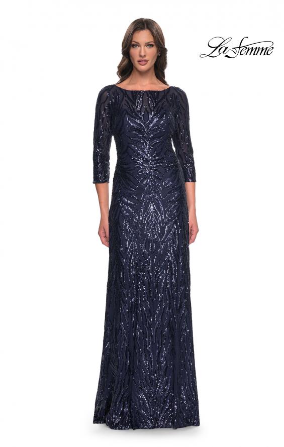 Picture of: Print Sequin Gown with High Neckline and Sleeves in Navy, Style: 30807, Main Picture