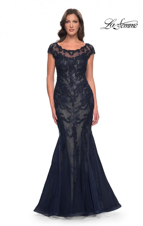 Picture of: Mermaid Lace Dress with Cap Sleeves and Illusion Neckline in Navy, Style: 30876, Main Picture