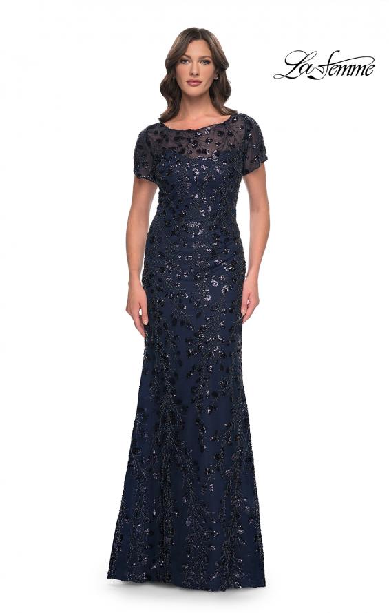 Picture of: Beaded Sequin Chic Evening Dress with Illusion Top and Short Sleeves in Navy, Style: 30877, Main Picture