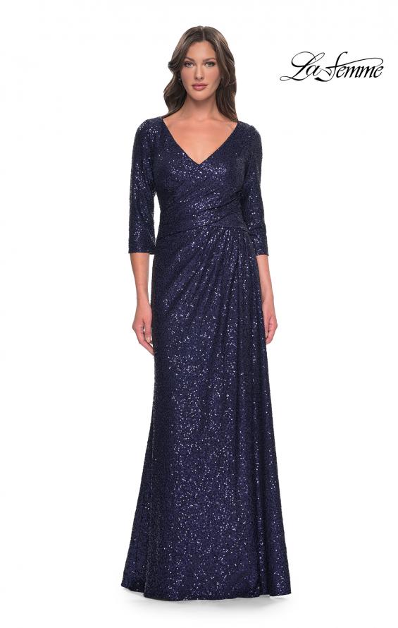 Picture of: Long Sequin Gown with Ruching and Draped Skirt in Navy, Style: 30879, Main Picture