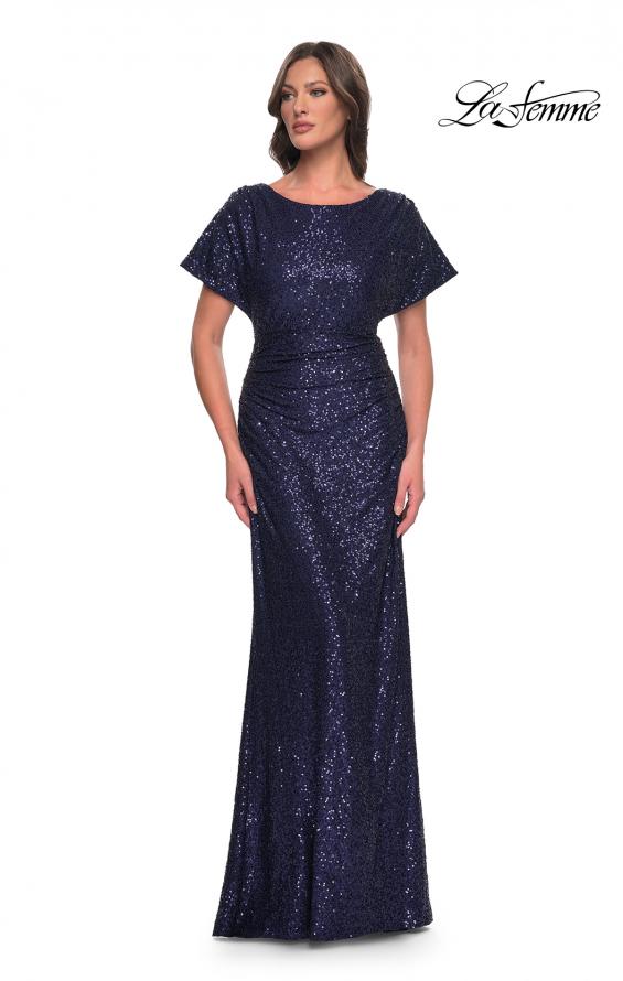 Picture of: Sequin Stretch Evening Dress with High Neckline and Dolman Sleeves in Navy, Style: 30885, Main Picture
