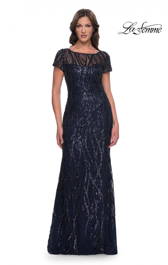 Picture of: Beaded Print Fitted Evening Dress with Illusion Neckline in Navy, Style: 31005, Main Picture