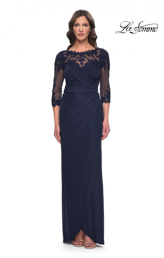 Picture of: Long Jersey Evening Dress with Lace Detail Neckline and Sleeves in Navy, Style: 31093, Main Picture