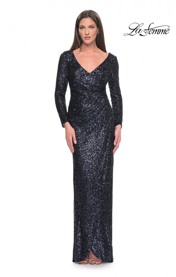 Picture of: Long Sleeve Sequin Evening Dress with Ruching in Navy, Style: 31698, Main Picture