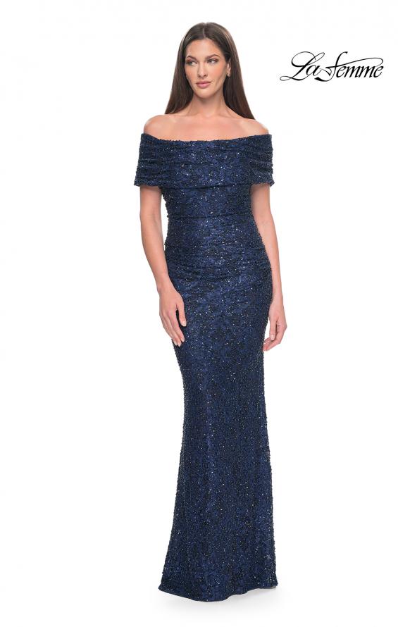 Picture of: Off the Shoulder Ruched Beaded Lace Evening Gown in Navy, Style: 31778, Main Picture