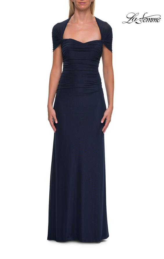 Picture of: Long Net Jersey Ruched Evening Dress with Short Sleeves in Navy, Style: 33124, Main Picture