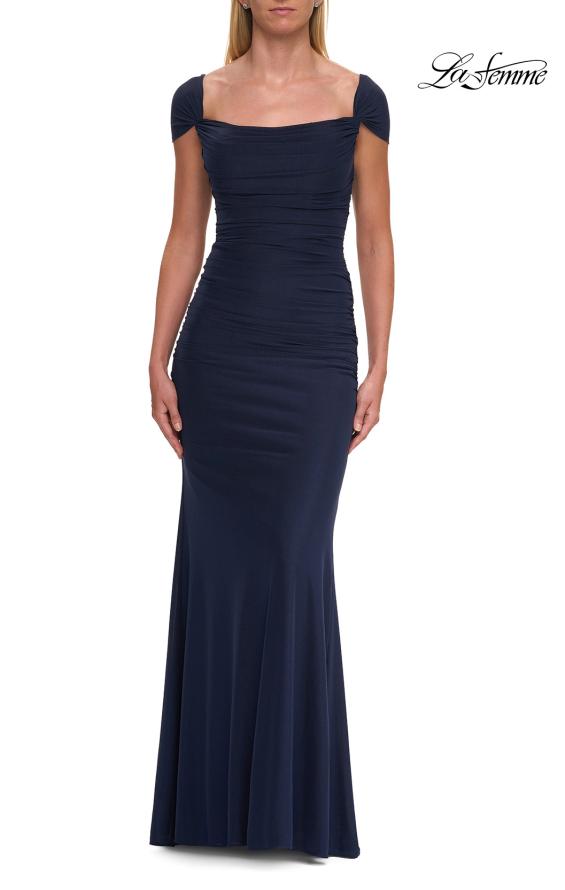 Blue Picture of: Simple Ruched Cap Sleeve Net Jersey Gown in Navy, Style: 33506, Main Picture