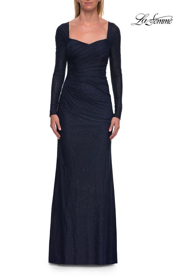 Picture of: Long Sleeve Rhinestone Jersey Gown with Sweetheart Neckline in Navy, Style: 33642, Main Picture