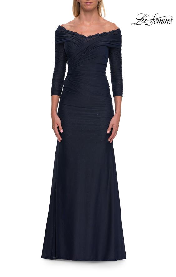 Picture of: Off-the-Shoulder Three-Quarter Sleeve Gown in Navy, Style: 33655, Main Picture