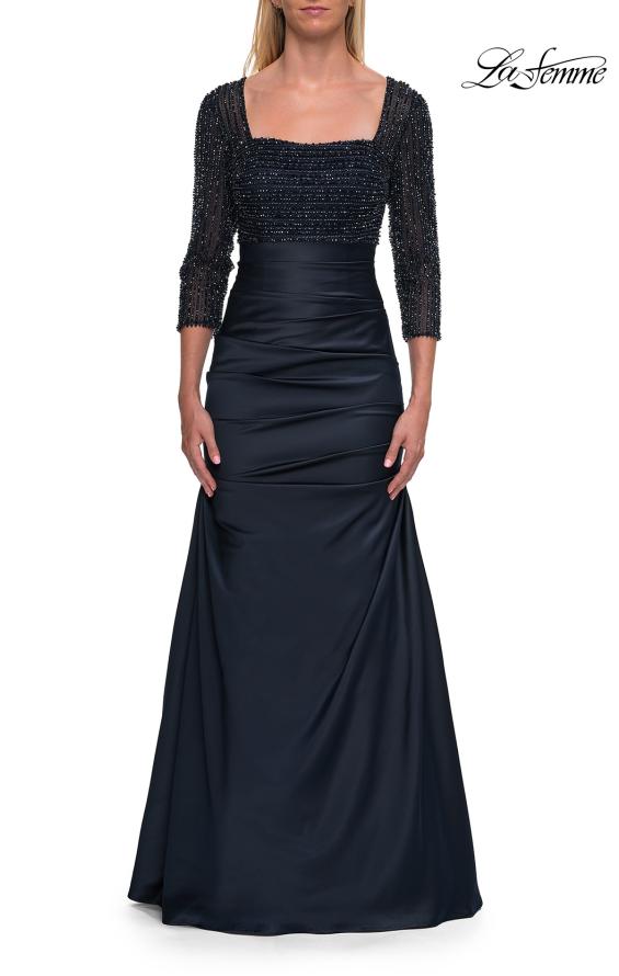 Blue Picture of: Beaded Bodice Satin Gown with Three-Quarter Sleeves in Navy, Style: 33659, Main Picture