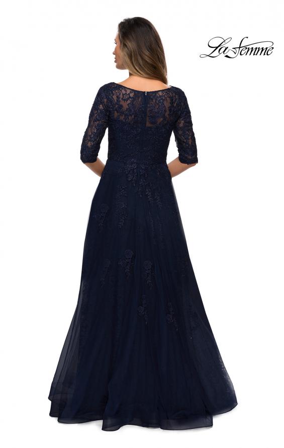 Picture of: Lace and Tulle A-line Gown with Three Quarter Sleeves in Navy, Style: 28036, Detail Picture 8