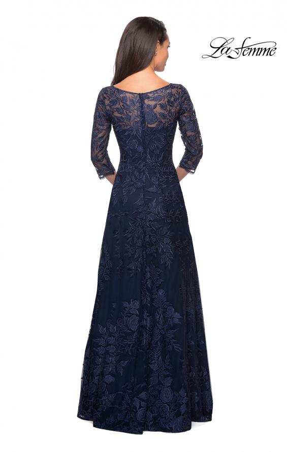 Picture of: Long Lace A-line Three Quarter Sleeve Gown in Navy, Style: 28053, Detail Picture 8