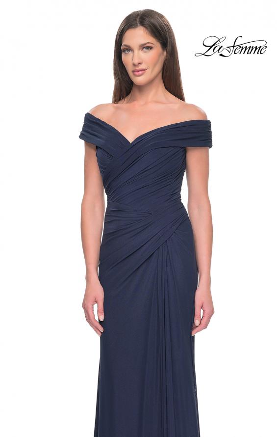 Picture of: Off the Shoulder Jersey Evening Gown with Ruching in Navy, Style: 31677, Detail Picture 8