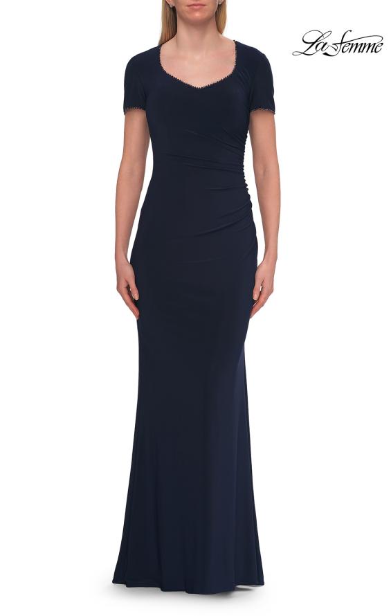 Picture of: Short Sleeve Jersey Gown with Sweetheart Neckline and Ruching in Navy, Style: 33146, Detail Picture 8