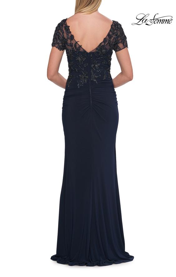 Picture of: Beaded Lace Illusion Bodice Evening Gown in Navy, Style: 33332, Detail Picture 8