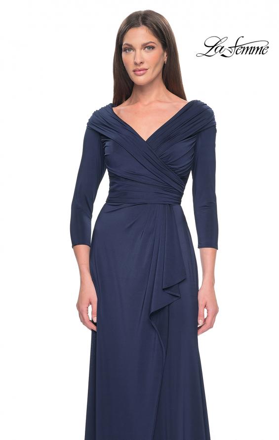 Picture of: Ruched Long Dress with Ruffle Skirt Detail and Sleeves in Navy, Style: 30845, Detail Picture 9