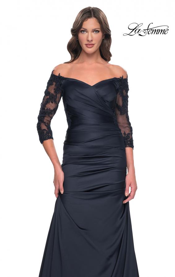 Picture of: Mermaid Satin Dress with Gathering and Off the Shoulder Top in Navy, Style: 30853, Detail Picture 9