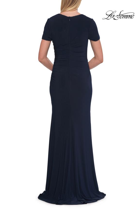 Picture of: Short Sleeve Jersey Gown with Sweetheart Neckline and Ruching in Navy, Style: 33146, Detail Picture 9