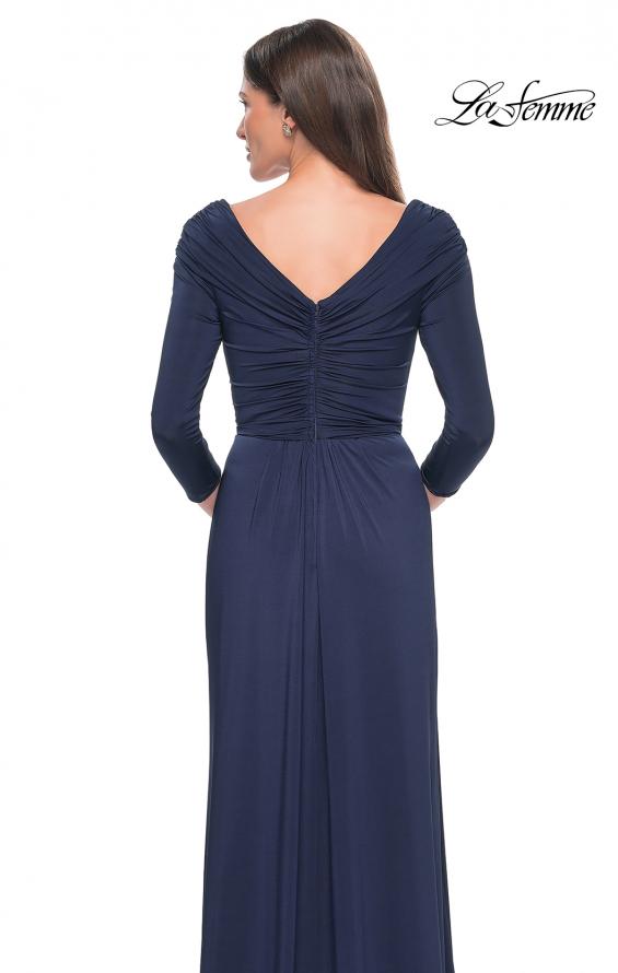 Picture of: Ruched Long Dress with Ruffle Skirt Detail and Sleeves in Navy, Style: 30845, Detail Picture 10