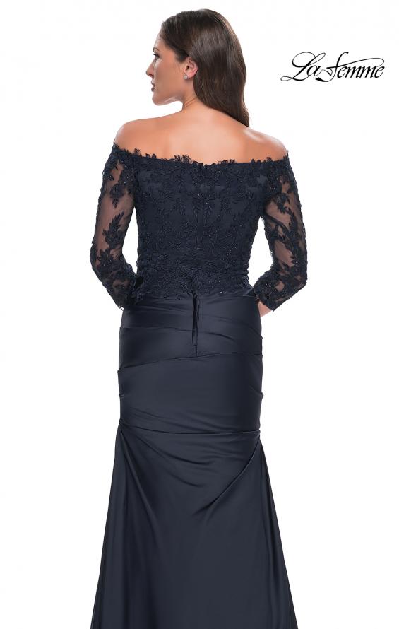 Picture of: Mermaid Satin Dress with Gathering and Off the Shoulder Top in Navy, Style: 30853, Detail Picture 10