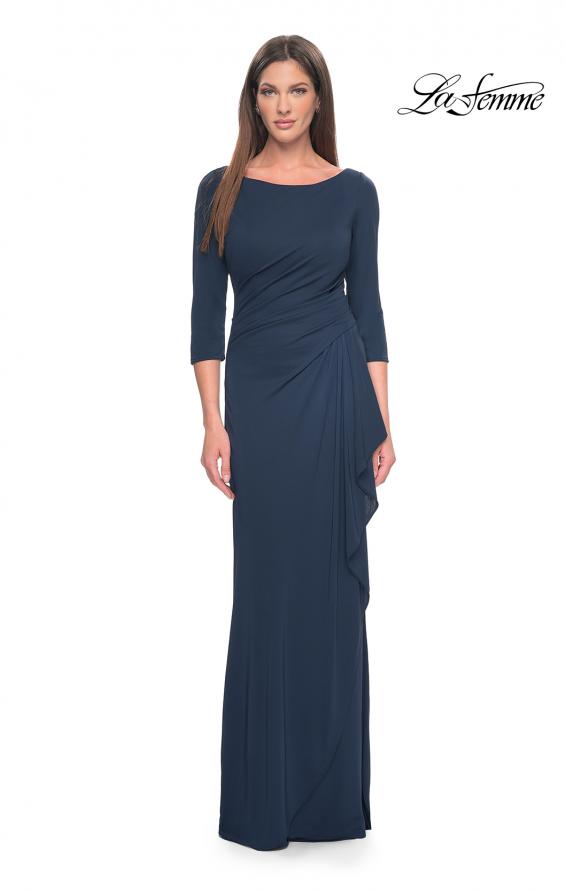 Picture of: Chic Long Evening Gown with High Neck and Ruffle Detail in Navy, Style: 31705, Detail Picture 10