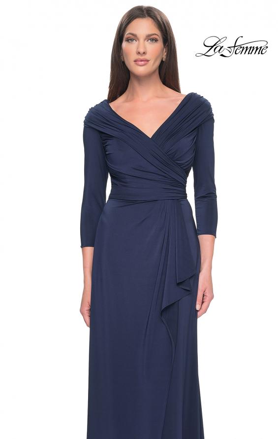 Picture of: Ruched Long Dress with Ruffle Skirt Detail and Sleeves in Navy, Style: 30845, Detail Picture 11