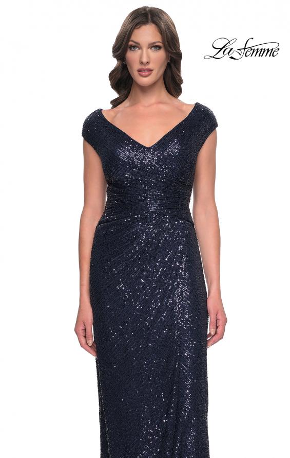 Picture of: Sequin Evening Dress with Ruching and V Neckline in Navy, Style: 30865, Detail Picture 11