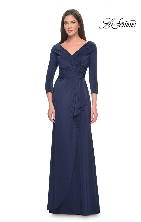 Picture of: Ruched Long Dress with Ruffle Skirt Detail and Sleeves in Navy, Style: 30845, Detail Picture 12