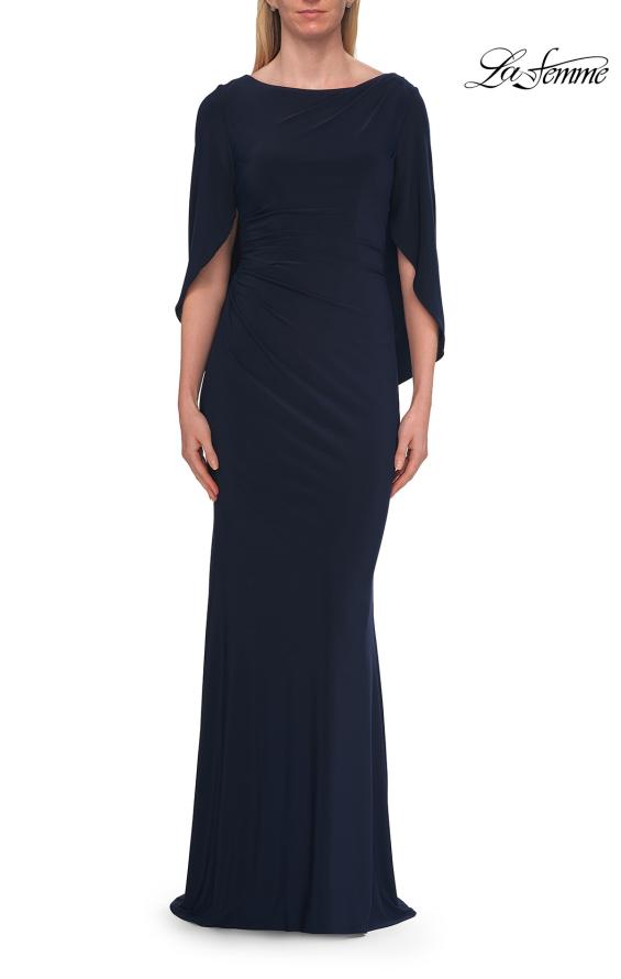 Picture of: Draped Cape Sleeve Jersey Gown with Ruched Bodice in Navy, Style: 33148, Detail Picture 12