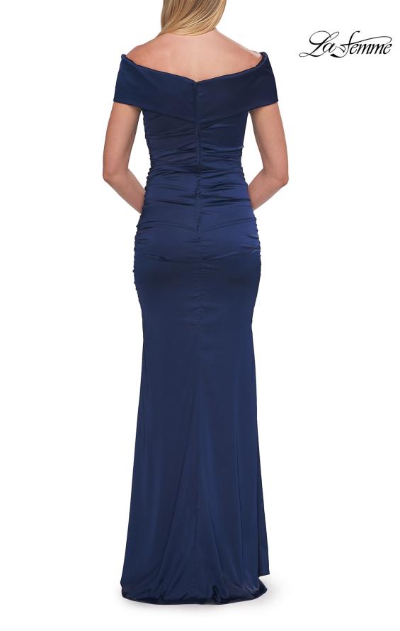 Picture of: Off-the-Shoulder Ruched Satin Evening Gown in Navy, Style: 33620, Detail Picture 12