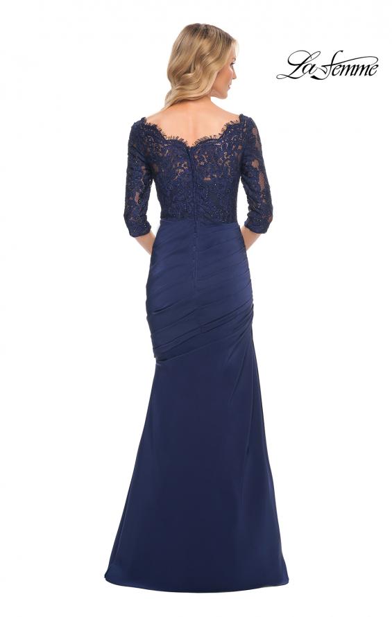 Picture of: Gathered Mermaid Satin Gown with Lace Top in Navy, Style: 24926, Back Picture