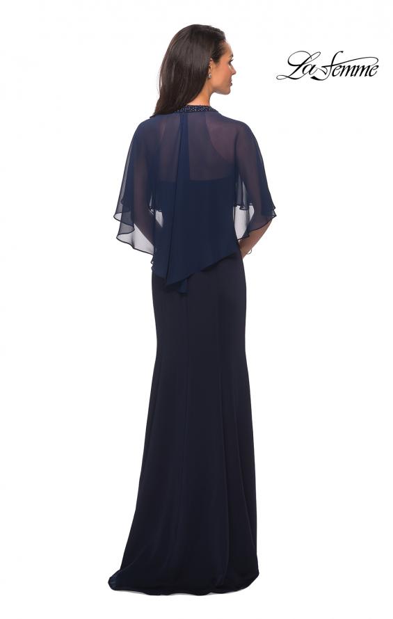 Picture of: Long Gown with sheer sleeves and beaded neckline in Navy, Style: 25006, Back Picture