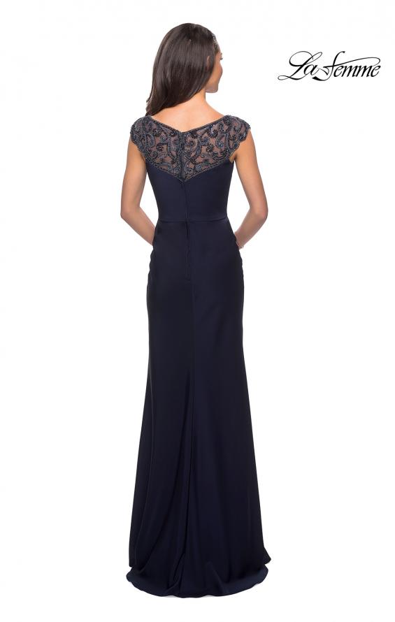 Picture of: Long Jersey Gown with Embellished Neckline in Navy, Style: 25399, Back Picture