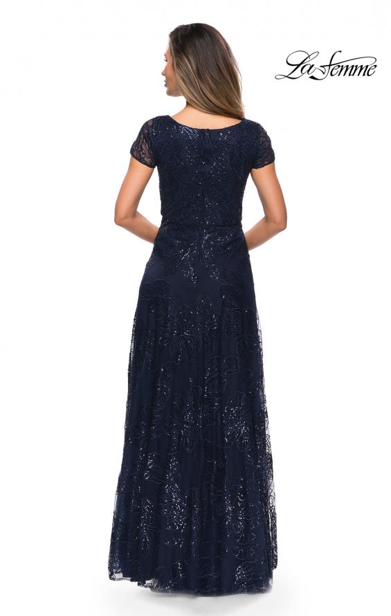 Picture of: Sequin Lace A-line Gown with Sheer Short Sleeves in Navy, Style: 27837, Back Picture
