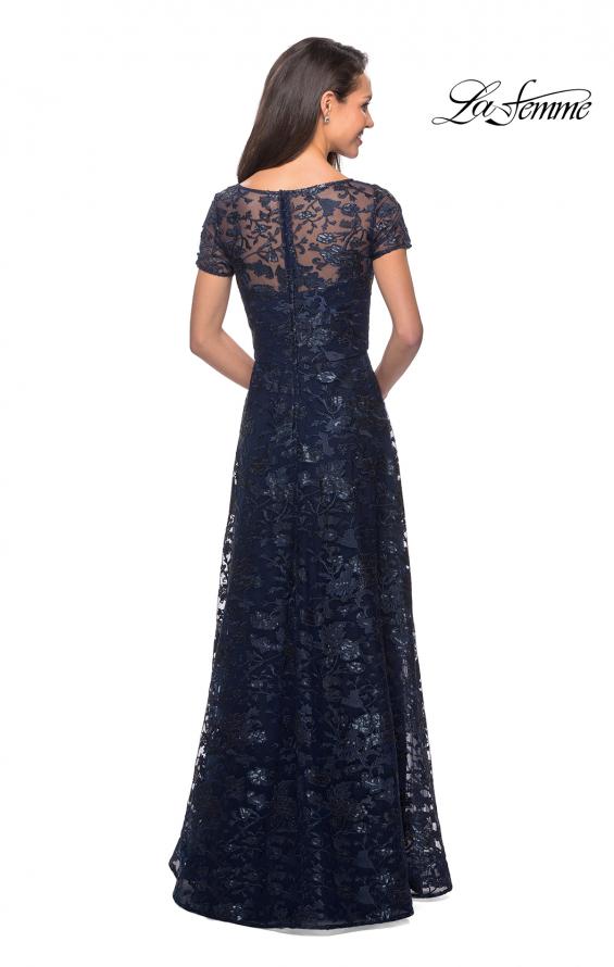 Picture of: Short Sleeve Long Sequin Dress with Sheer Neckline in Navy, Style: 27839, Back Picture