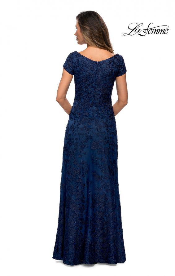 Picture of: Lace Evening Gown with Cap Sleeves and V-Neck in Navy, Style: 27915, Back Picture