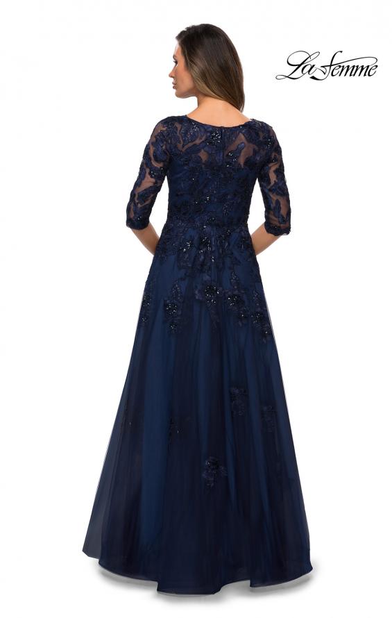 Picture of: Three Quarter Sleeve A-line Gown with Floral Embellishments in Navy, Style: 27922, Back Picture