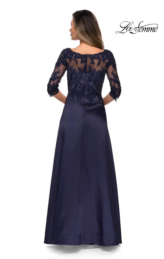 Picture of: Three Quarter Sleeve Gown with Lace Sheer Back in Navy, Style: 27988, Back Picture