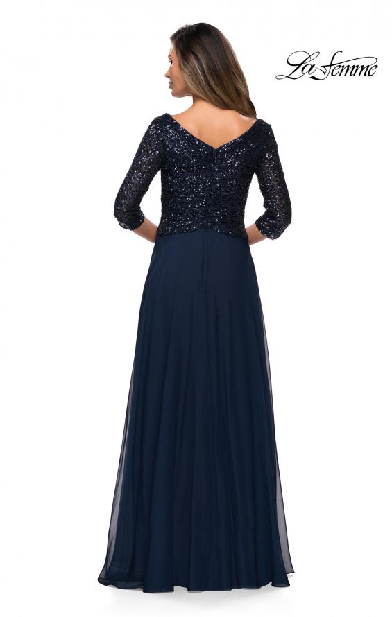 Picture of: Long Chiffon Evening Gown with Sequined Bodice in Navy, Style: 27998, Back Picture