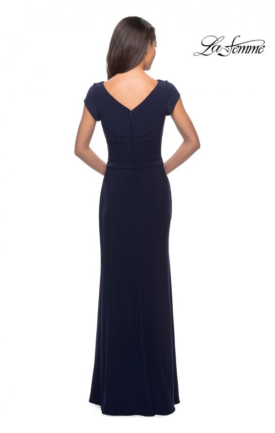 Picture of: Floor Length Jersey Evening Gown with Cap Sleeves in Navy, Style: 28026, Back Picture