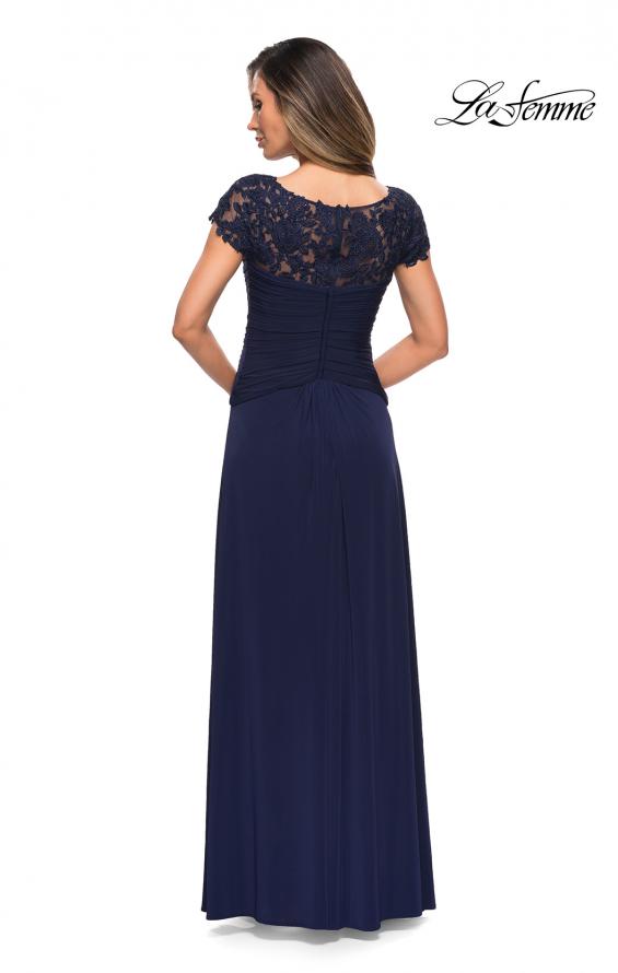 Picture of: Jersey Dress with Ruching and Floral Neckline in Navy, Style: 28029, Back Picture