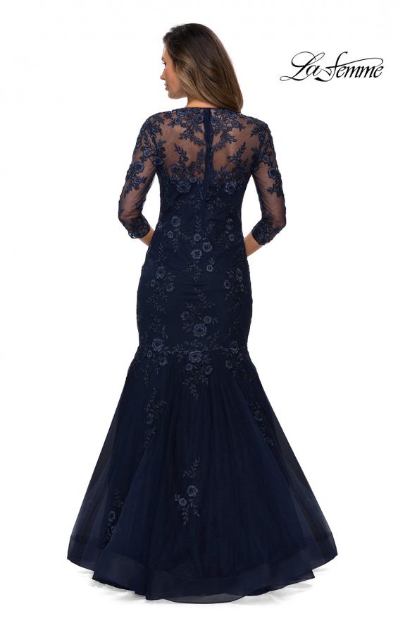 Picture of: Long Lace Mermaid Gown with Square Neckline in Navy, Style: 28033, Back Picture