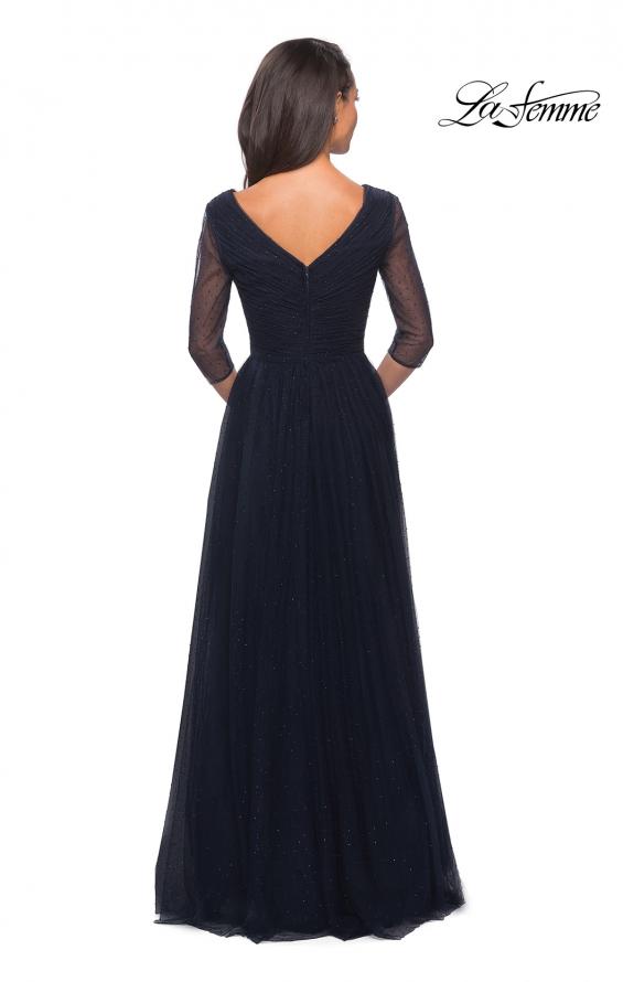 Picture of: Tulle and Beaded Long A-Line Gown with Sheer Sleeves in Navy, Back Picture