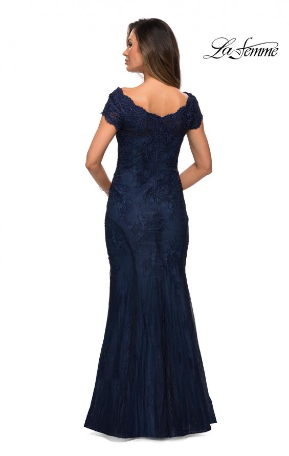 Picture of: Short Sleeve Lace Evening Dress with V Neckline in Navy, Style: 28099, Back Picture