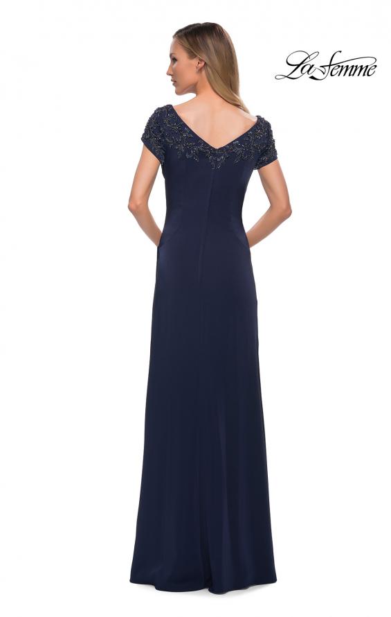 Picture of: Short Sleeve Evening Dress with Beaded Neckline in Navy, Back Picture