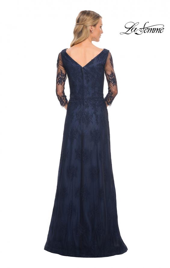 Picture of: Long Lace Gown with Illusion Sleeves in Navy, Style: 29219, Back Picture