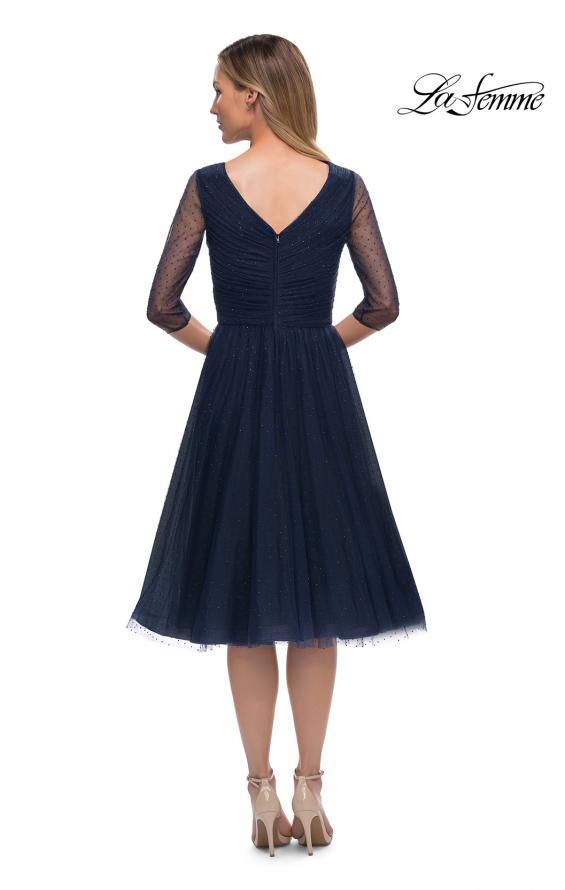 Picture of: Tea Length Tulle Dress with Beading and Sheer Sleeve in Navy, Back Picture
