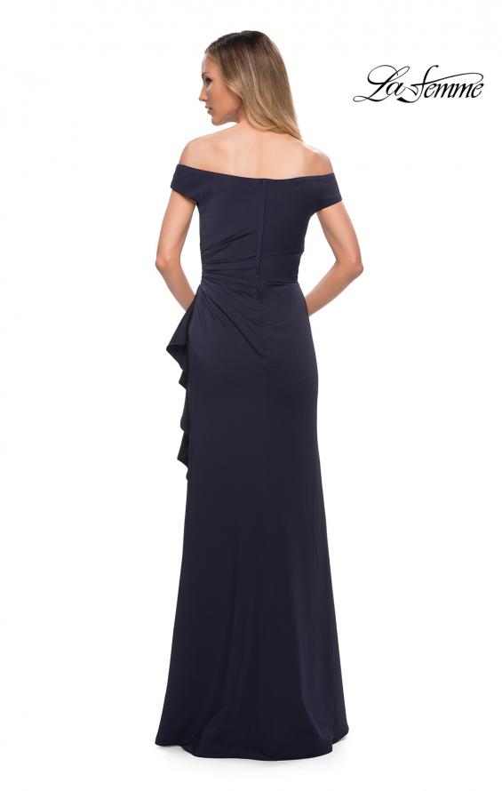 Picture of: Off the Shoulder Jersey Evening Gown with Ruffle Skirt Detail in Navy, Back Picture
