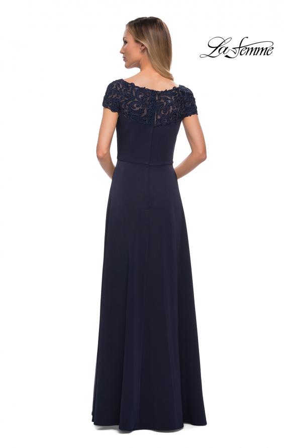 Picture of: Jersey Gown with Full Skirt and Lace Detail Top in Navy, Back Picture