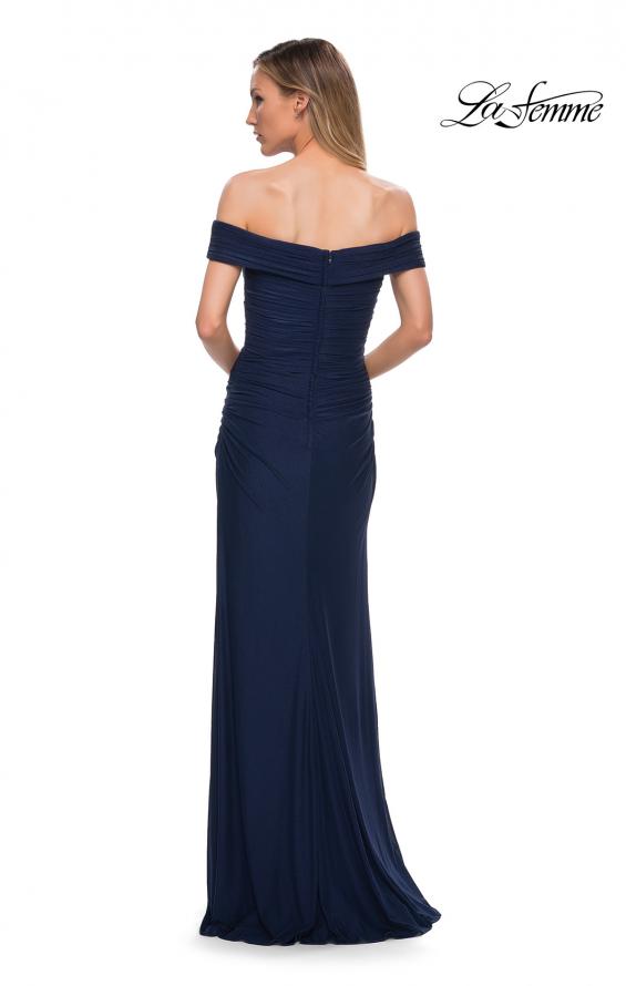 Picture of: Ruched Off the Shoulder Net Jersey Evening Dress in Navy, Back Picture